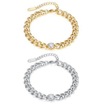Brazalete de cadena de eslabones cubanos con bordillo de circonita cúbica brillante para mujer de acero inoxidable Foto 1 de 4
