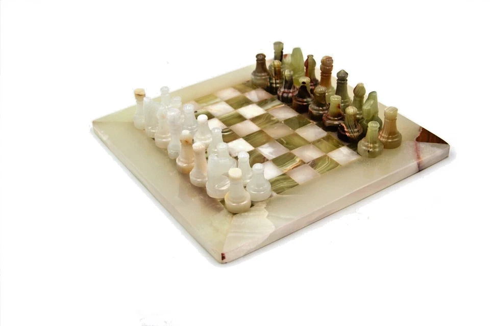 8 1/4" Chess Board Game Marble Alabaster Figures White -Green 25 Pieces 21cm - Image 1 of 1