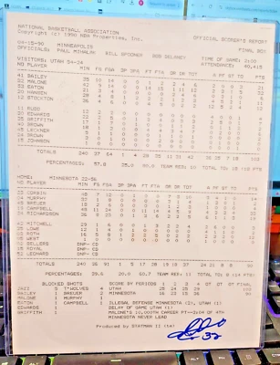 Hoja de puntuación oficial firmada por Karl Malone de 10K puntos 15/04/90 con certificación Beckett Foto 1 de 4