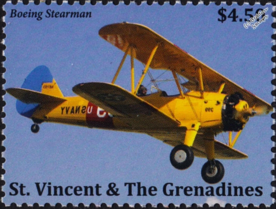 WWII BOEING STEARMAN Model 75 Biplane Trainer Aircraft Stamp (2022 St Vincent) - Image 1 of 1