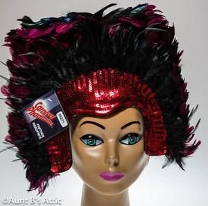 Showgirl Headpiece Red Sequin With Black & Burgundy Feathers 9 x 14 - Picture 1 of 2