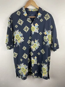 Tommy Bahama Mens M Hawaiian Camp Shirt 100% Silk Wood Buttons Blue Magnum PI - Picture 1 of 8
