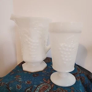Vintage Anchor Hocking Pitcher Grape Pattern Milk Glass With Footed Tumbler - Picture 1 of 10