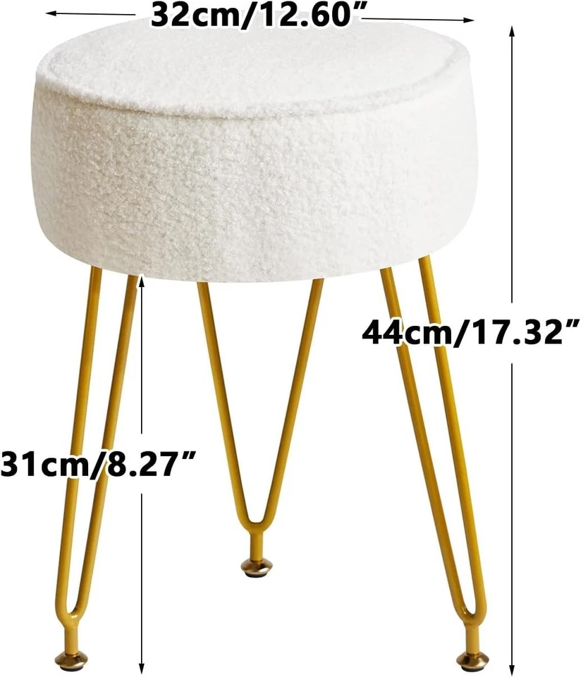 Creamy-White Velvet Round Footrest Ottoman – Vanity Stool with Steel Legs - Image 1 of 4