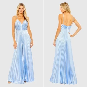 Ieena For Mac Duggal Jumpsuit Light Blue Pleated Plunge Wide Leg Formal Prom NWT - Picture 1 of 11