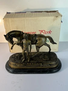 Antik 1990er Delaware Park Bronze Rennpferd Reiter Statue Marmorsockel Box - Bild 1 von 19
