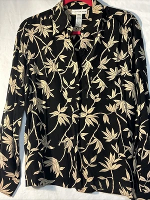 Blusa vintage Evan Picone 100 % seda negra floral con botones talla 10 Foto 1 de 4