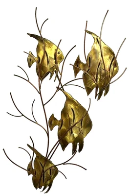 2 Vintage MCM Brass Metal School of Fish Coral Wall Sculptures Art Decor Signed - Image 1 of 4