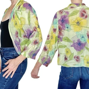 Vintage Click By Color Me Baumwolle Grün Bunt Blumen Cropped Offen Strickjacke - Bild 1 von 8