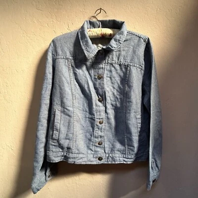 Lino Lino Algodón Abotonado Denim Camisa Chaqueta Mujer Mediana Azul Bolsillos Foto 1 de 4