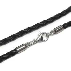 18 Inch Braided Black Leather Necklace Cord 3mm Stainless Steel Mens Womens - Picture 1 of 4