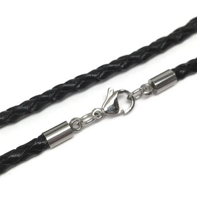 16 Inch Braided Black Leather Necklace Cord 3mm Stainless Steel Lobster Clasp - Image 1 of 4