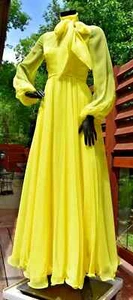 vtg 60's Lillie Rubin Collection 700 lemon yellow chiffon gown dress lace vest S - Picture 1 of 18