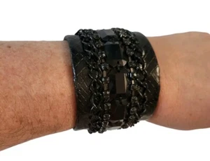 Chunky Goth Punk Cuff Bracelet Black Faux Leather Chain Gems - Picture 1 of 6