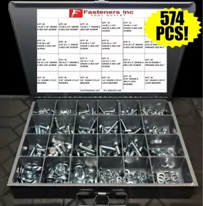 Kit surtido de pernos, tuercas y lavadoras hexagonales de grado 5 HILO GRUESO - ¡574 piezas! - Imagen 1 de 3