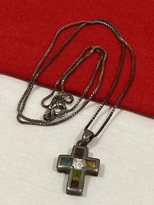 "Colgante de cruz de circonita cúbica multicolor de plata de ley 925 y collar de cadena de caja de Italia 18,5""" - Imagen 1 de 16
