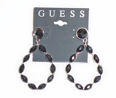 Nuovo Guess Nero Cristallo Strass + Color Argento Teardrop Orecchini a Lobo - Immagine 1 di 4