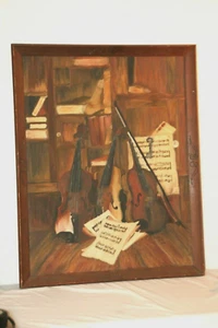 VINTAGE PAINTING Still Life 3 VIOLINS in Library Books Sheet Music Trompe L'oeil - Picture 1 of 11