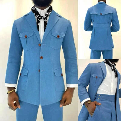 Vintage Blue Denim Men's Suits Casual 2 Pieces Retro Outfits Party Working Wear - Image 1 of 4