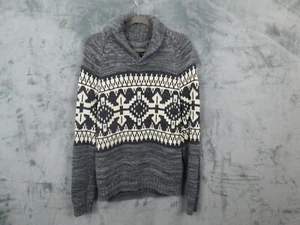 Lucky Brand Sweater Mens Medium Gray Shawl Collar Jacquard Pullover Chunky - Picture 1 of 7