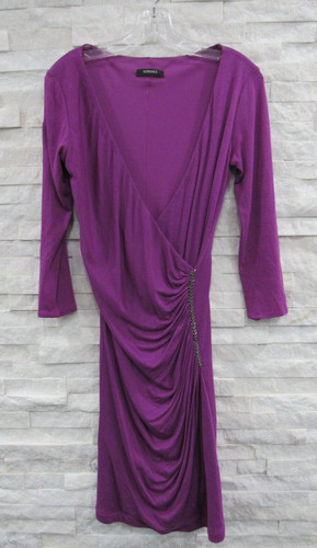 Abito VERSACE viola rayon lana jersey finto avvolgente bodycon dettagli catena 42 ITALIA!