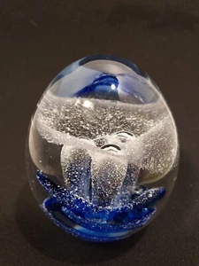 FREEFORM Clear Glass Egg Shaped 2 lb  3 Bubble/Stem Blue Mushroom Paperweight. - Picture 1 of 4
