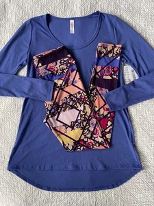 Lularoe Outfit Lynnae Top XS Solid Purple & OS Multicolor Floral Leggings - Picture 1 of 5