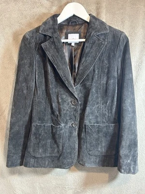 Jaqueta Blazer Feminina Vintage Papaya Y2K Couro Camurça Cinza Tamanho 10 - Imagem 1 de 4
