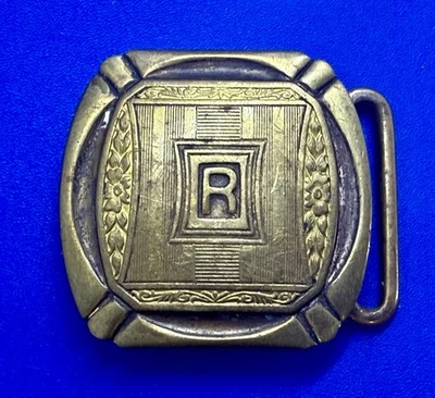 Art Deco Letter R Initial Monogram Silver Plated Brass Tone Vintage Belt Buckle - Image 1 of 4
