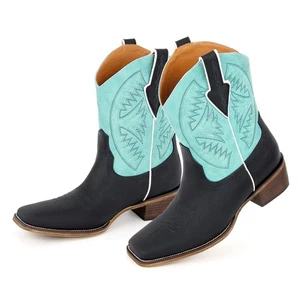 Women Embroidered Western Ankle Booties Fashion Cowboy Cowgirl Chunky Heel Boots - Picture 1 of 30