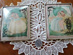 QUADRO VINTAGE 2CT SILHOUETTE ROVESCIO su VETRO CONVESSO - 4"X5" AMANTI PASTELLO - SMALTO - Foto 1 di 5