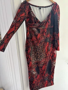Snakeskin Bardot Bodycon Dress Red And Black Size L - Picture 1 of 4