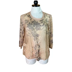 Meadow Rue Bluse transparent Oberteil Knopfleiste hinten Spitzenbesatz Langarm geblümt beige Gr. S - Bild 1 von 10