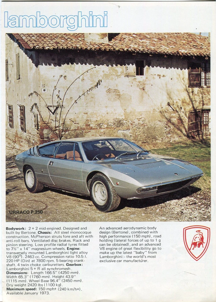 Lamborghini Urraco P250 Espada MkII Jarama S Countache/Countach Reino Unido 1972 folleto Foto 1 de 1