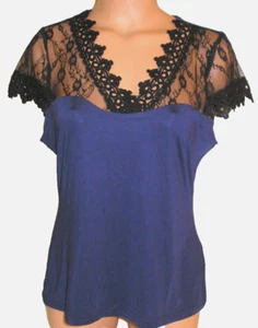 Black Lace Shoulders Dark Blue Top, Size Medium / Large - NEW NWOT - Bild 1 von 5