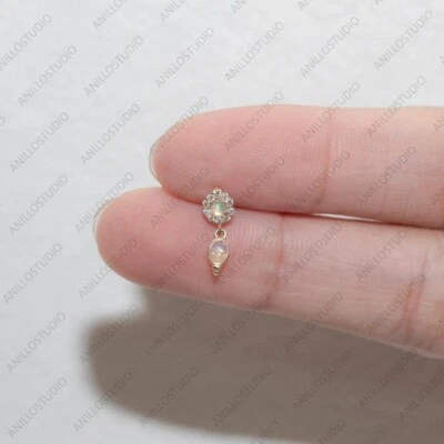 Genuine Opal &Oval Drop Moonstone Stud Post Earrings 14K Solid Gold, Tragus Stud - Image 1 of 4