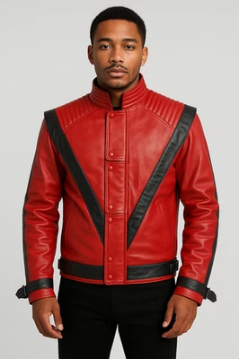 Men’s Red Thriller Style Real Leather Jacket Black Stripes Viscose Lined Coat - Image 1 of 4