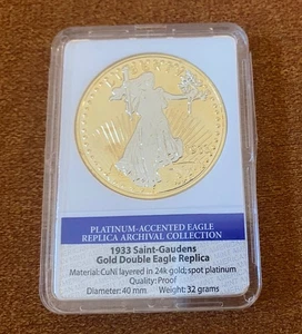 1933 Saint Gaudens Gold Double Eagle Replica Coin .900 Gold Plated Spot Platinum - Picture 1 of 3
