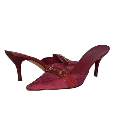 GUCCI Red Denim GG Logo Pointed Toe Mules Size 7.5B - Image 1 of 4