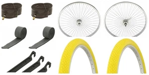 Bike 26" Chrome 144 Spoke Front and Back Coaster Wheel & two Tire Yellow ,Tube - Picture 1 of 1