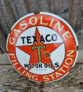 Texaco Gasoline Filling Station Enamel Advertising Sign 30cm Wall Sign Motor Oil - Foto 1 di 3