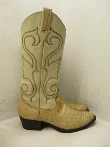 Vtg Larry Mahan Cream Beige Ostrich Leather Mens Size 9 D Cowboy Boots USA - Picture 1 of 12
