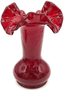 Vintage Ruby Red Crackle Glass Vase Ruffled Edge 5.75” Art Glass Crackled Finish - Picture 1 of 7