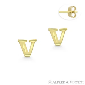 Pendientes empujables retrocesantes con estampado de oro amarillo 14 K con tachuelas de bebé pequeños con letra inicial ""V - Imagen 1 de 1