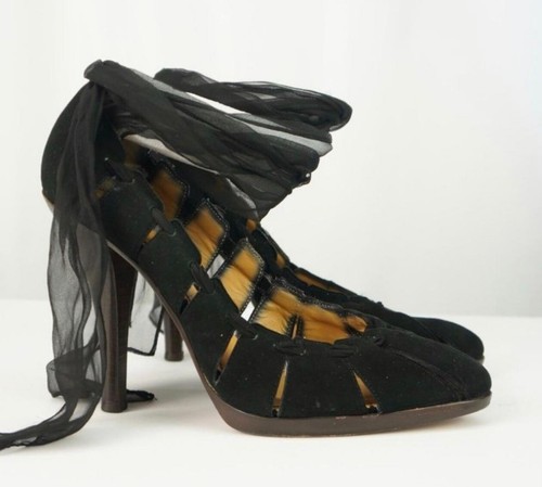 SAINT LAURENT (YSL) YVES SAINT LAURENT nero scamosciato con chiffon cravatta alla caviglia ritaglio pompa taglia 37