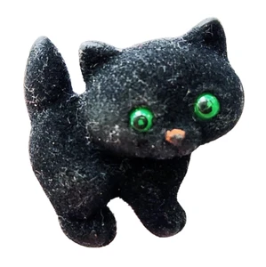 Hallmark PIN Halloween Vintage CAT BLACK Flocked GREEN EYES 1982 Brooch - Picture 1 of 3