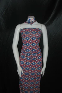 Rayon Stretch Jersey Knit Fabric Beautiful Tribal Print cherry red blue by yard - Picture 1 of 7
