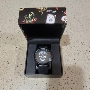 RELOJ ED HARDY GOTH MATE NEGRO PLATA CALAVERA HOMBRE CORREA SILICONA**¡NUEVO! - Imagen 1 de 3