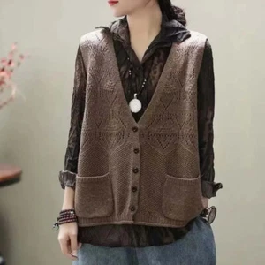 Lady Ethnic Waistcoat Cable Knit Vest Sweater Jumper Cardigan Tops V-neck - Picture 1 of 15