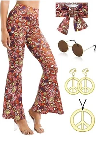 Hippie Kostüm Damen Hose Set Hippie Schlaghose Peace Kette Brille Stirnband XL - Bild 1 von 6
